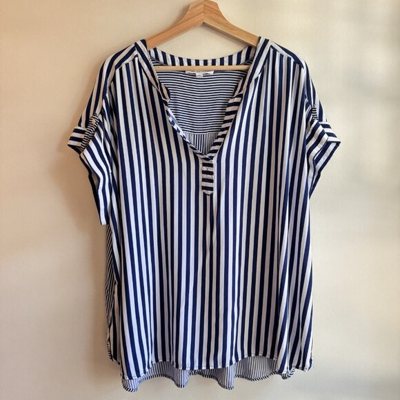 Jane + Delancey Button Up Shirt Women’s Size 2X Blue White Striped Short Sleeve - Picture 1 of 5